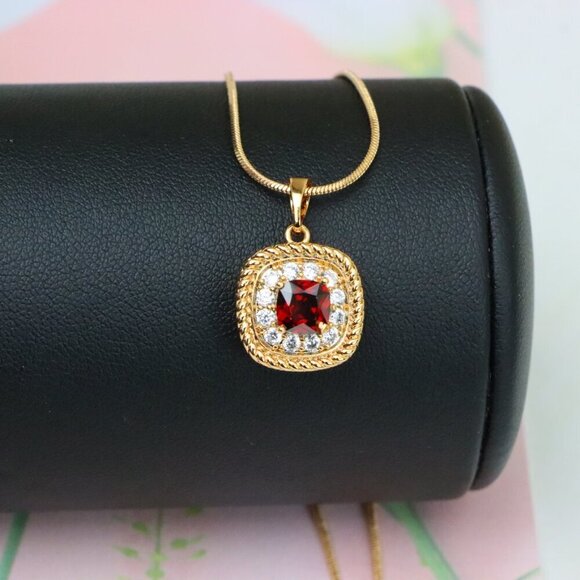 "Vintage Style Red Cushion Pendant with Crystal Halo Accents, XPPT1663 - Picture 3 of 13